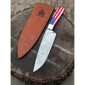 JW SteelCrafts Hand-Forged Damascus Fixed-Blade Knife, USA Flag Resin Handle, Camping & Hiking Performance Tool