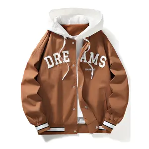 Bmuvlss [Retro Baseball Jacket] Retro Japanese College Style Men's Baseball Jacket - Lightweight Bomber Zip-Up with DREAMS Lettering, Brown & White Color Block, Relaxed Fit, Front Pockets, Machine Washable for Casual Spring/Fall Wear