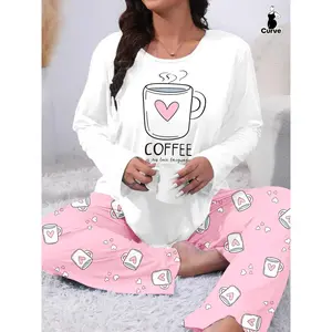 【 Plus Size 】 Two piece set of heart-shaped and letter printed T-shirt and pants sleepwear, casual and comfortable round neck long sleeved T-shirt and pants sleepwear set, all season women's sleepwearRAIMENTRY