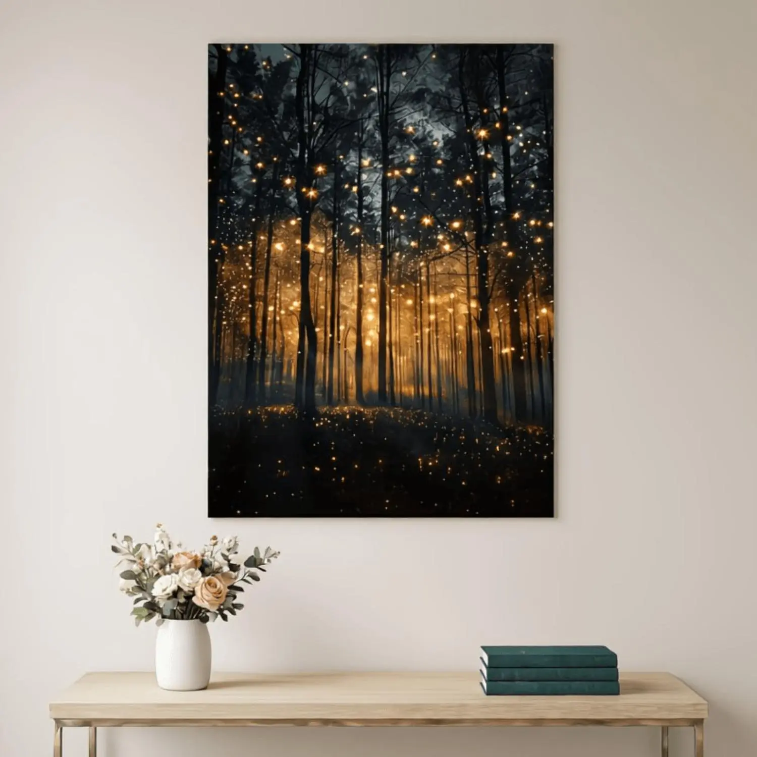 [Canvas Art Print] Enchanting Firefly Forest Canvas Art Print - Frameless Wall Decor with Glowing Tree Silhouettes, Mystical Night Scene for Living Room, Bedroom, Office, or Dining Area, Moon Decor