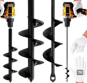 Post Hole Diggers, 2pk Auger Drill Bit for Planting with Gloves 1.6 x 16 Inch & 3.5 x 16 Inch Set Heavy Duty Garden Spiral and Bulb Planter Tool for Digging Holes Compatible with 3/8 Inch Hex Drive