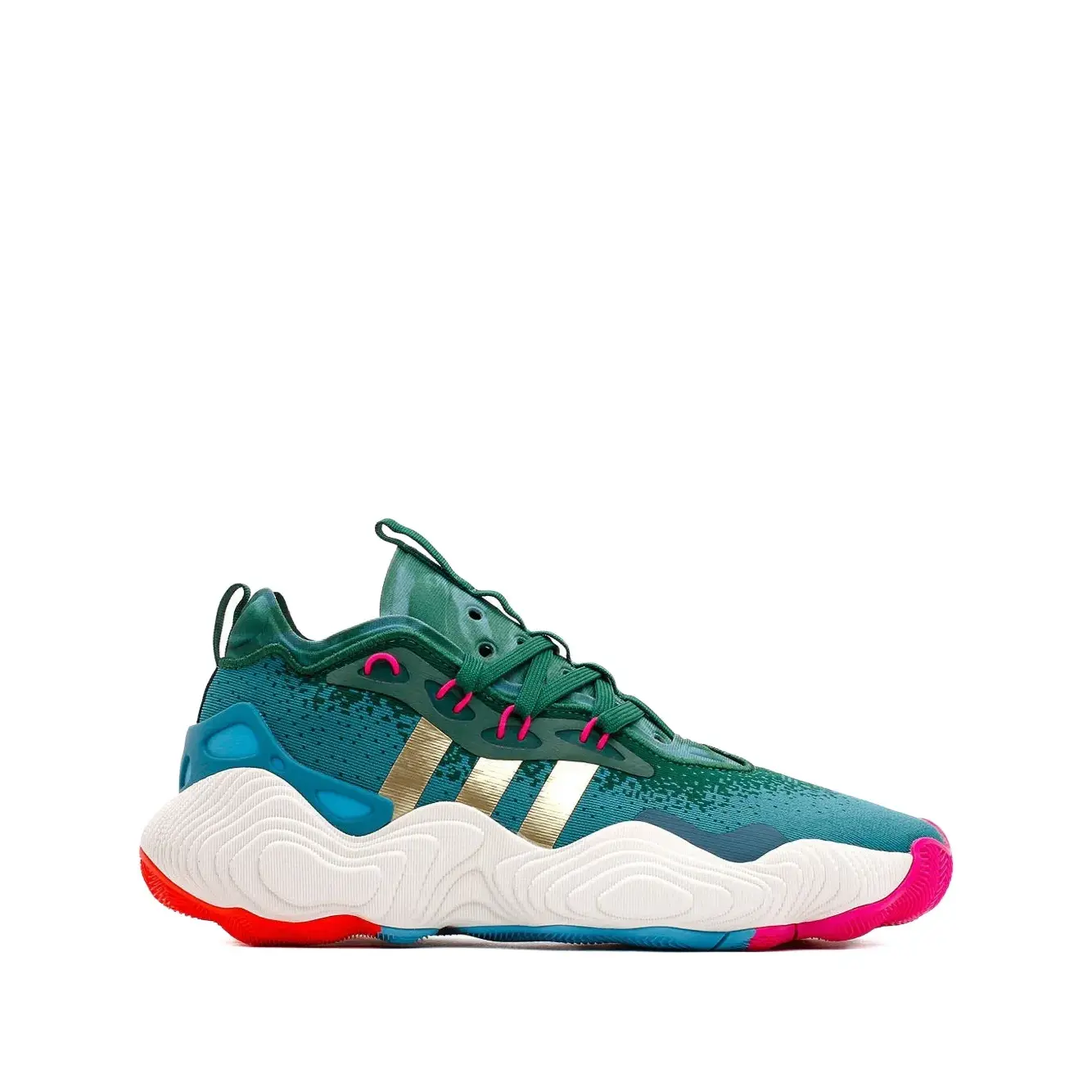 Adidas Men's Trae Young 3 Basketball Shoes - Green, Blue, and Pink Colorway with Gold Accents and White Sole