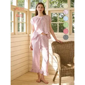 Women's Plaid 2-Piece Pajama Set – Long Sleeve Button Top & Straight Leg Pants, Comfortable Sleepwear Loungewear Womenswear plus size.2 piece sets women. two piece sets. summer vacation sets.