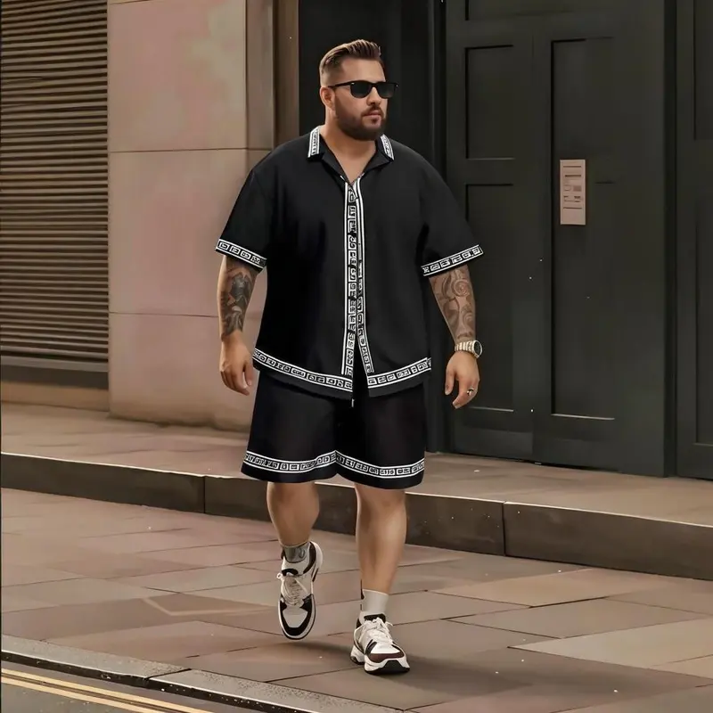 Men's All Black Outfit Set Short Sleeve Button Down Shirt with Matching Shorts Modern Minimalist Streetwear for Urban Style