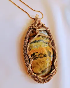Bumble Bee Jasper Necklace Pendant Hand-Cut Polished Cabochon Gold-Plated Copper Wire Wrapped Unique Artisanal Craftsmanship