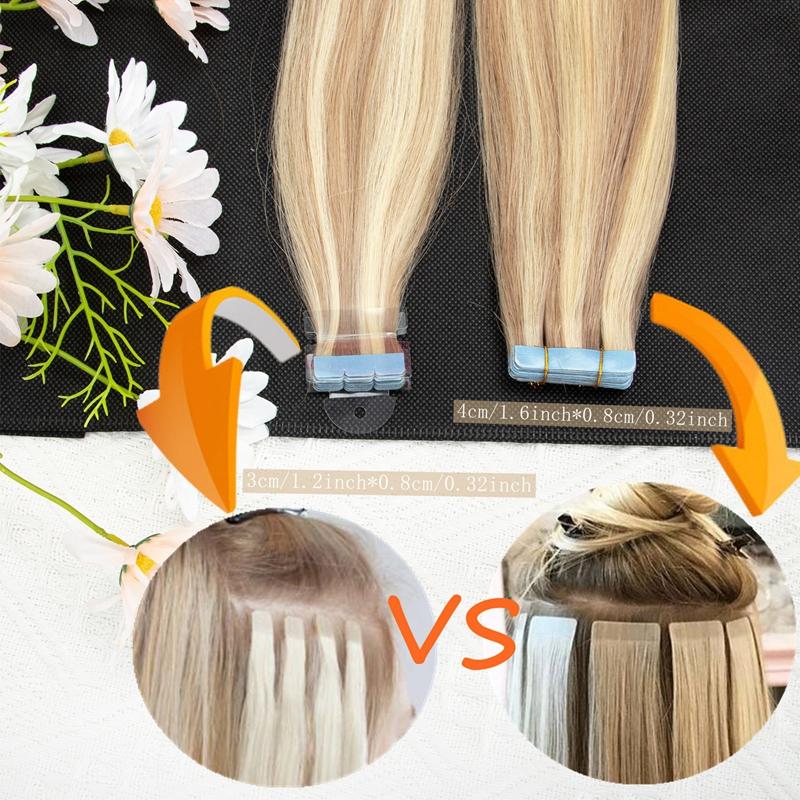 3*0.8cm Mini Tape In Hair Extensions Human Hair,Tape In Hair Extensions,10PCS/Pack,12inch-24inch Long Hair Extensions,Brazilian Remy Hair Extensions,Black/Brown/Blonde Hair Extensions For Women Add Volume,Daily Hair Extensions,Natural Invisible Hair