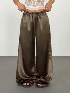 Satin Wide Leg Pants Women High Waist Drawstring Loose Fit Silky Flowing Palazzo Trousers Casual Chic Summer Vacation Outfit Elegant Minimalist Streetwear Solid Color Long Pants