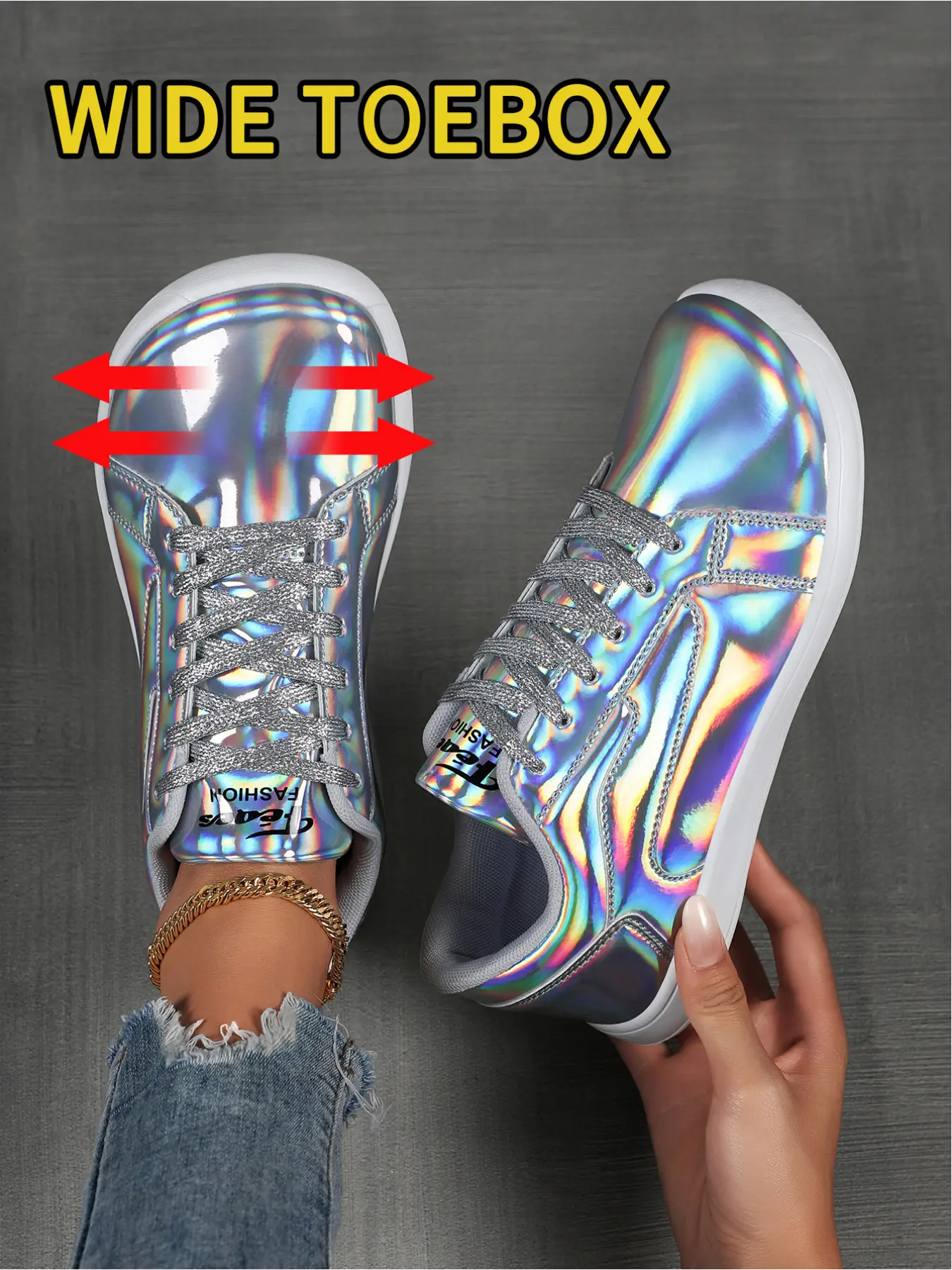 Women's 1 Pair Shiny Silver Sneakers, Streetwear Style Wide Toe Non-Slip Commuter Casual Shoes