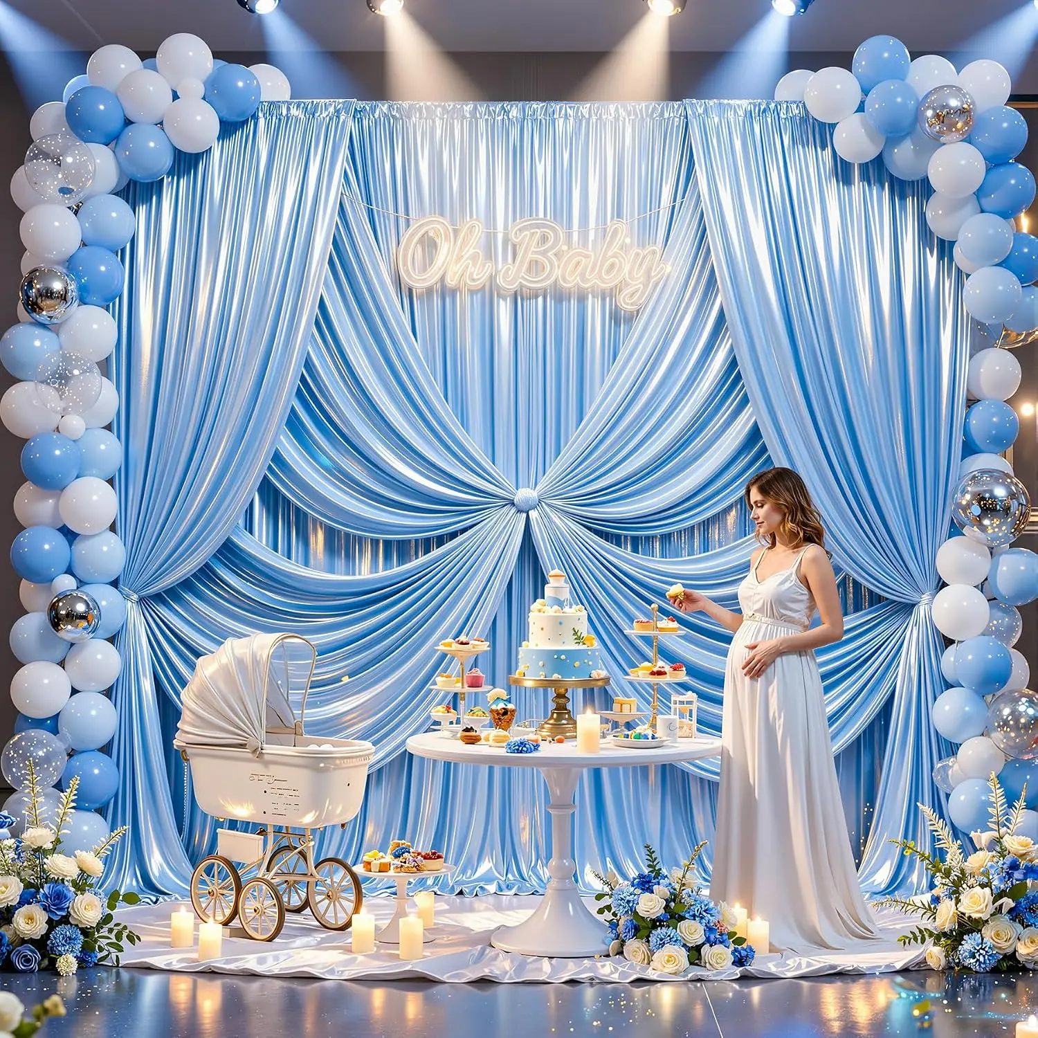 6-Panel Pink and Blue Satin Backdrop Curtains 5ftx10ft , Wrinkle-Free Glitter Photo Drapes with Luxurious Draping Effect, Happy Birthday Backdrop for Indoor Baby Showers, Photos
