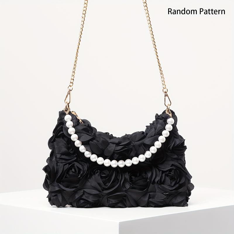 [Wedding Accessory] Elegant Rose-Embellished Crossbody Bag with Faux Pearl Accents - Sweet Pink Floral Evening Clutch, Ideal Valentine's Gift for Women, Polyester Lining, Zip Closure, Wedding Gifts