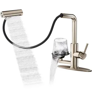 Kitchen Faucet with Pull Down Sprayer and Built-in Cup Washer, Glass Rinser Waterfall Sink Faucet, Single Handle 1 or 3 Hole Installation for Farmhouse, Bar, Laundry, RV & Camper Use