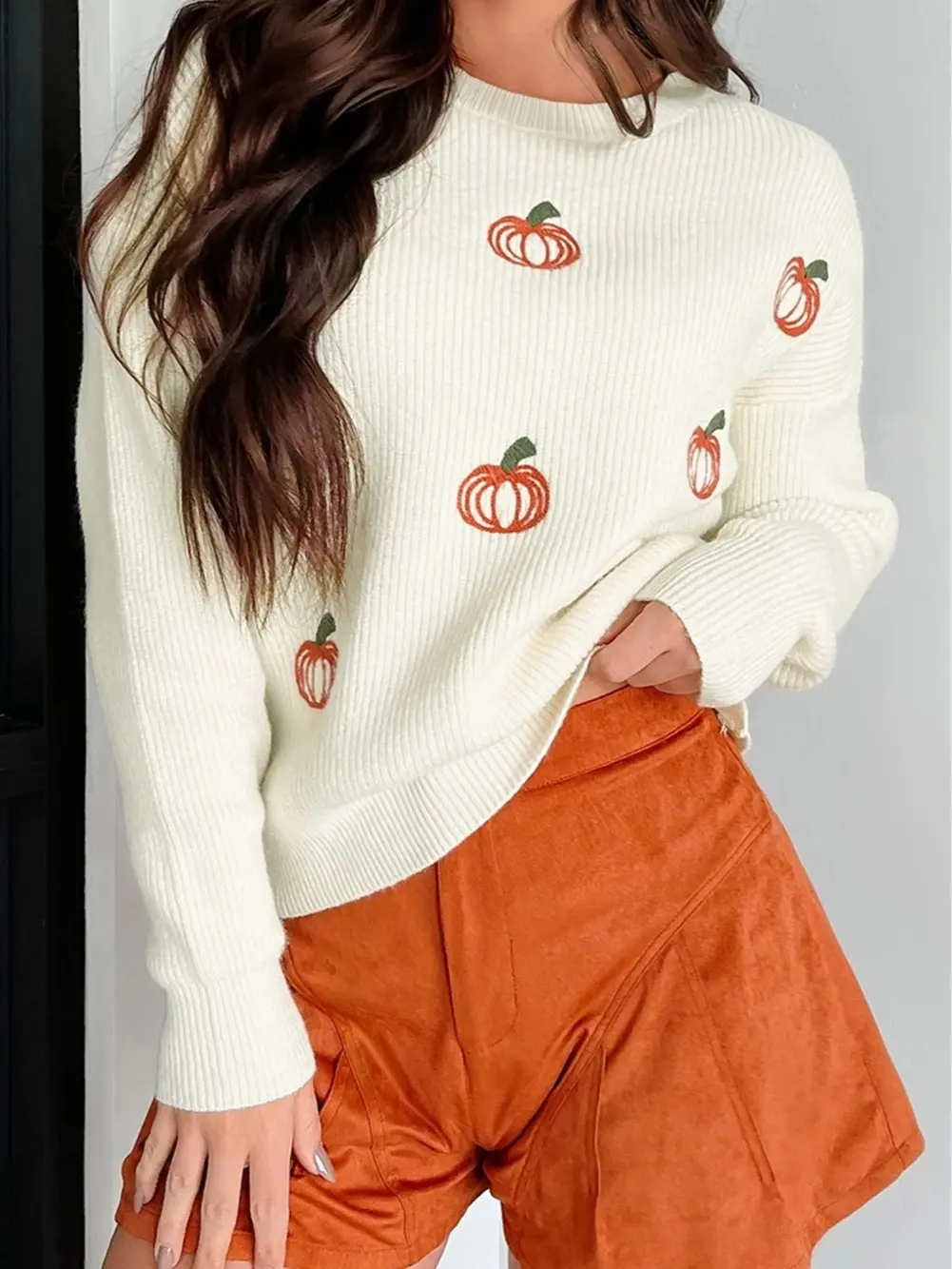 Women’s Viscose Pumpkin Embroidery Ribbed Knitwear Sweater - Crew Neck, Long Sleeve, Comfortable Style Holiday Pullover for Thanksgiving, Fall Festivals, Seasonal Casual Wear