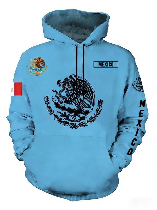 Mexican Cultural Pride Print Hoodie, National Pride Printing, Casual Fitted Design, Long Sleeve, Drawstring Pockets, Fall & Winter
