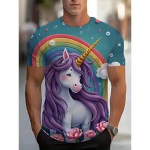 Menswear Stylish Men's 3D Graphic Top - Whimsical Unicorn, Rainbow, Vibrant Pastel Carnations, Golden Horn Fantasy Print, Polyester Short-Sleeve Round Neck Casual Summer Tee