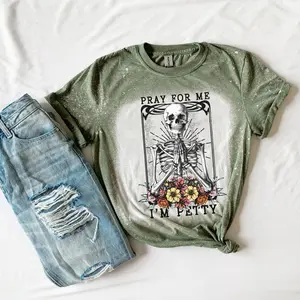 Pray For Me I'm Petty Skullie - Green Bleached T-Shirt Crew Neck Casual Cotton