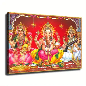 1 Pc Wooden Framed Wall Art Lakshmi, Ganesha and Saraswati, A Elegant and Combination of Print for Home and Office and Gift and Auspicious Purpose, Must for Home and Office and Gift Can Be Hung Directly Decor Room Poster Decoration Religious Ornaments