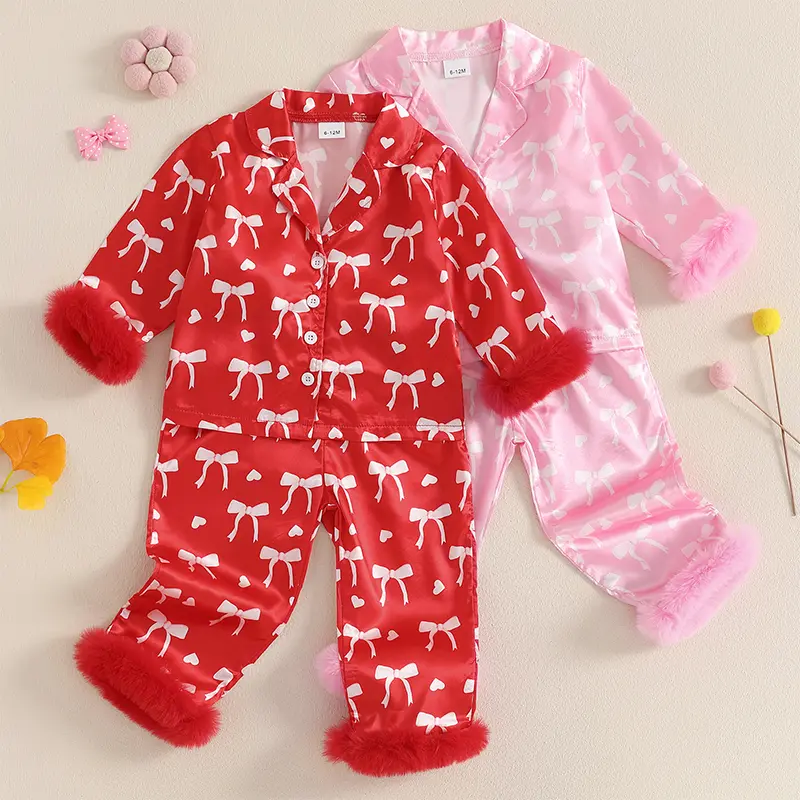 Toddler Baby Girl Valentine Pajamas Sets Bow Print Plush Laple Long Sleeve Tops with Pants