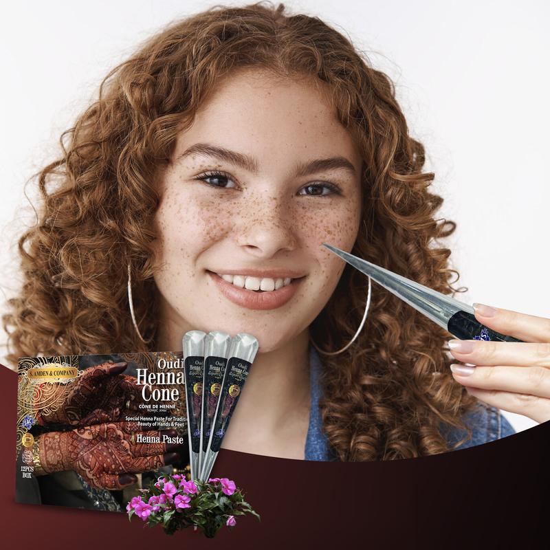 Oudi Henna Cone 100% Natural Temporary Tattoo Cream Cone 1 Cone 31g Body Paint Freckles Reddish Brown for Men Women Forearm Tribal Wolf 7-15 Day Tatuajes Temporales Waterproof Angel Flower Tattoos