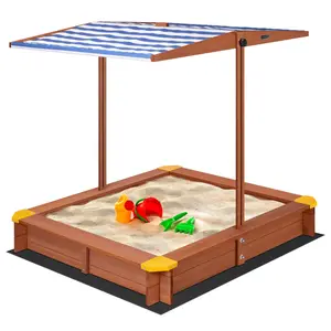 VIVOHOME Wood Sandbox with Detachable UV-Blocking Canopy & Ventilation Windows, Adjustable Canopy, Spacious Outdoor Play Area with 3 Sturdy Benches, Bottomless Drainage Design for Kids 3+