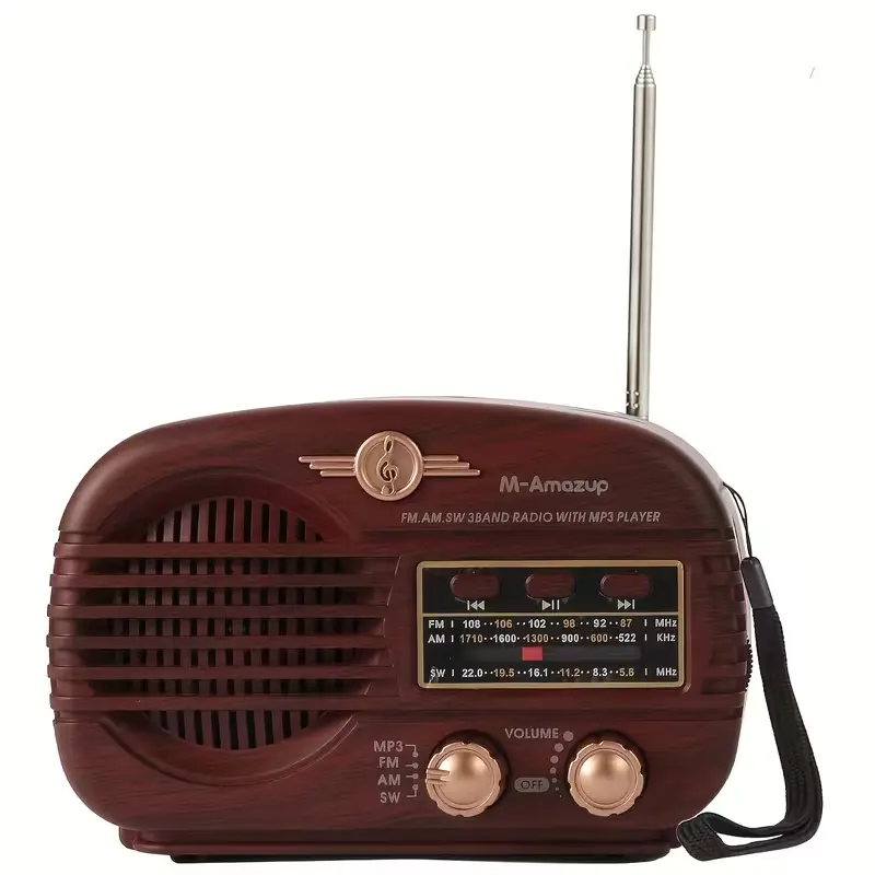 M-Amazup Vintage Wood Portable Mini Radio - AM/FM/SW Audio Device, Wireless Bluetooth Speaker with TWS, 16-in Antenna, USB Charging, MicroSD Card Support, Lanyard-Ready Stereo, 36V Yes-Certified Phone Accessory, Ideal for Desk, Gift for Children, Compact,