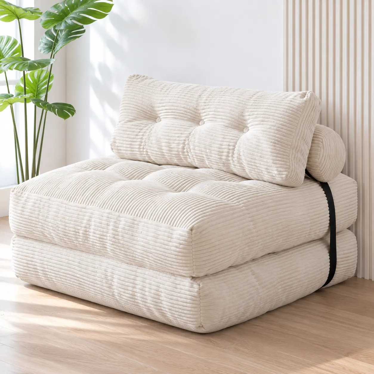 Orienflex Boneless Corduroy Sofa - 1-Person Pre-Assembled 3-in-1 Foldable Armless Horizontal Couch, Scratch-Resistant Corduroy, Cloud-Soft Sponge, Pillow, Damp-Cloth Clean, Portable Indoor Furniture for Bedroom/Living Room, 48h Expand Ready, Black