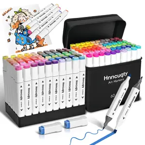 Hnncugty Alcohol Markers Set 60 Colors, Dual Tips Coloring Art Markers Set with Case & Holders, Chisel & Fine Artist Sketch Pens Art Supplies for Adult Coloring Books, Drawing, Painting, Sketching