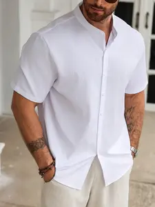 New Men's Plus Size Textured Shirt, Stand Collar Short Sleeve Design, Large Size Tall Daily Casual Shirt, Comfortable and Stylish, Menswear