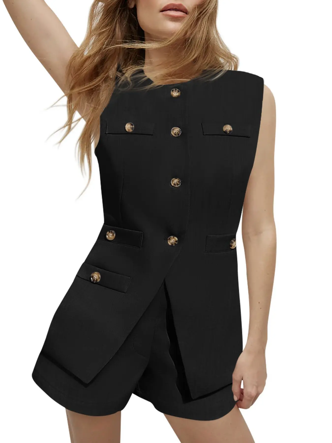 Aswulk Womens 2 Piece Outfits Casual Suit Sets Sleeveless Button Down Blazer Vest Shorts Office Business Matching Set