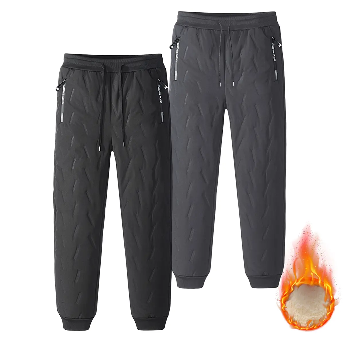 JOGWAVE Men's 2PCS Thick Polyester Sports Pants, Autumn-Winter Warm Lined Cold-Resistant Heat-Retaining, Casual Sporty Look, Solid Color, Zippered Pockets, Outdoor Running Activewear