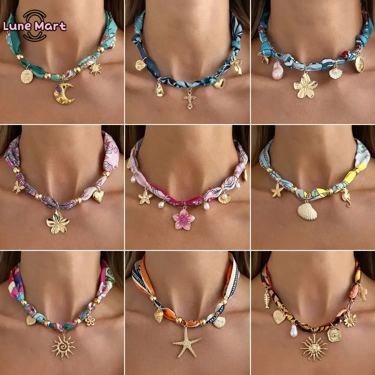 Women's Adjustable Boho Silk Scarf Choker Necklace - Floral Print, Sun Moon Cross Gold Pendant Chain, Summer Sports Accessory, Chain Strap, Floral Drop, Hippie Style, Ponytail Scarf, Witchy Boho Jewelry, Chain Strap Necklaces, Floral Drop Necklaces