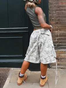 SUMWON WOMEN Cargo Utility Long Shorts Military Combat Style Drawstring Elastic Waist Summer Spring Casual Pockets Bermuda Length Outdoor Hiking Walking