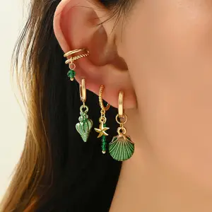 4pcs Bohemian Sea Life Earrings Set - Colorful Shell, Starfish, Conch Charms with Beaded Dangle, 18K Golden Plated Copper & Alloy, Perfect for Daily Wear or Parties, Quirky Earring