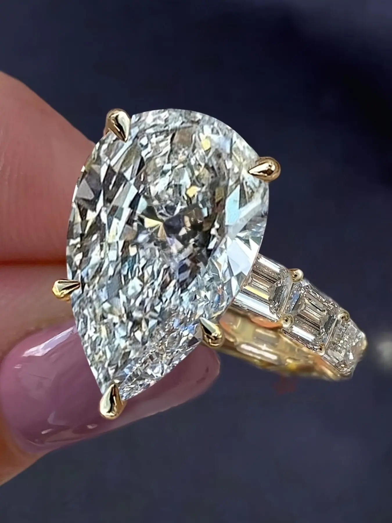 Women's Luxury Plated 18k Gold Large Water Drop Zircon Vintage Style Evening Wedding Bridal Engagement Ring, Elegant Asymmetrical Geometric Design, Unique Rings, Statement Rings, Jewelry Rings
