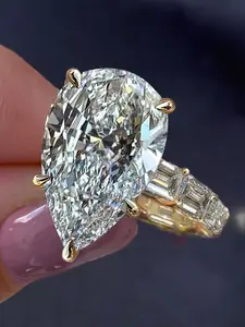 Women's Luxury Plated 18k Gold Large Water Drop Zircon Vintage Style Evening Wedding Bridal Engagement Ring, Elegant Asymmetrical Geometric Design, Unique Rings, Statement Rings