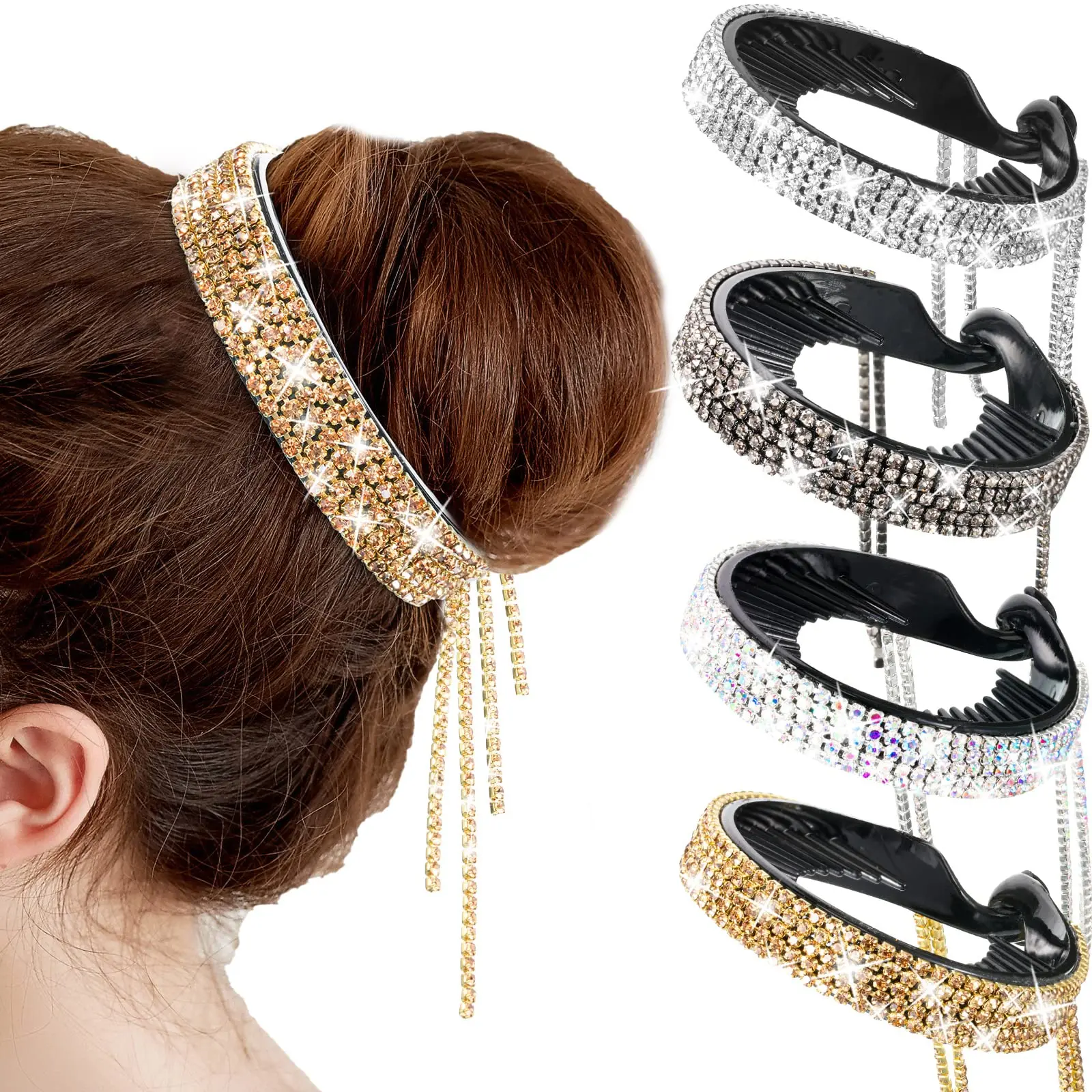 4 Pack Hair Styling Clips Hair Bun Accessories Rhinestone Bun Cover Rhinestone Hair Clips Glitter Claw Hair Clips for Buns Birds Nest Ponytail Holder Hair Accessories for Women