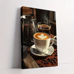 A framed canvas art - Steam espresso scene, 11.8x 15.7inch inches, warm earth tones, suitable for living room, bedroom or bathroom decor, coffee bar accessory, 2D flat, suitable for room decor, coffee bar decor| Modern Coffee Scene| Wood Frame Art,Coffee