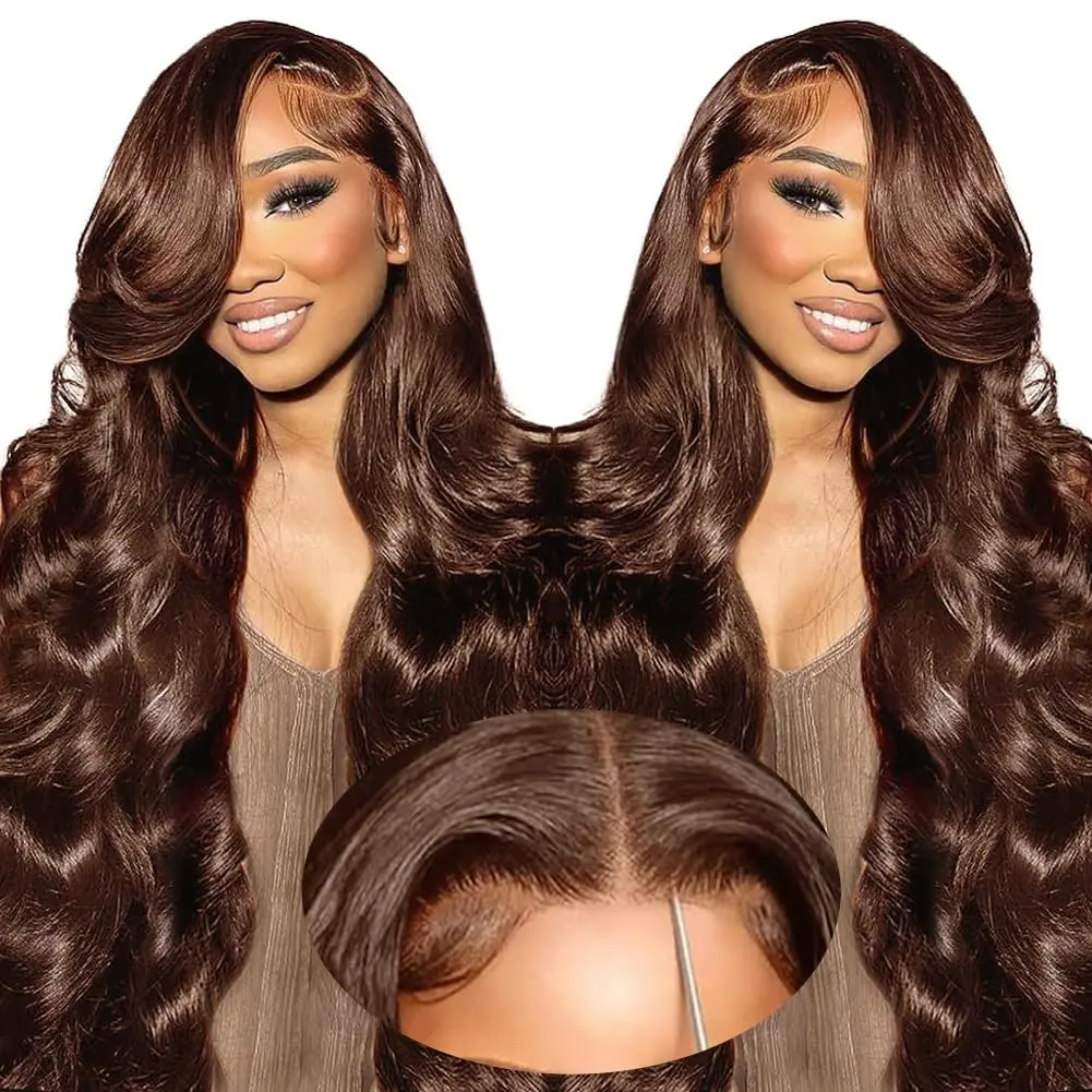 BLING HAIR Chocolate Brown Human Hair Lace Closure Wig, Body Wave Style, Glueless Ready to Wear with Pre-Plucked HD Transparent Lace and Durable Cap, Bodywave Wig, Human Hair Wigs