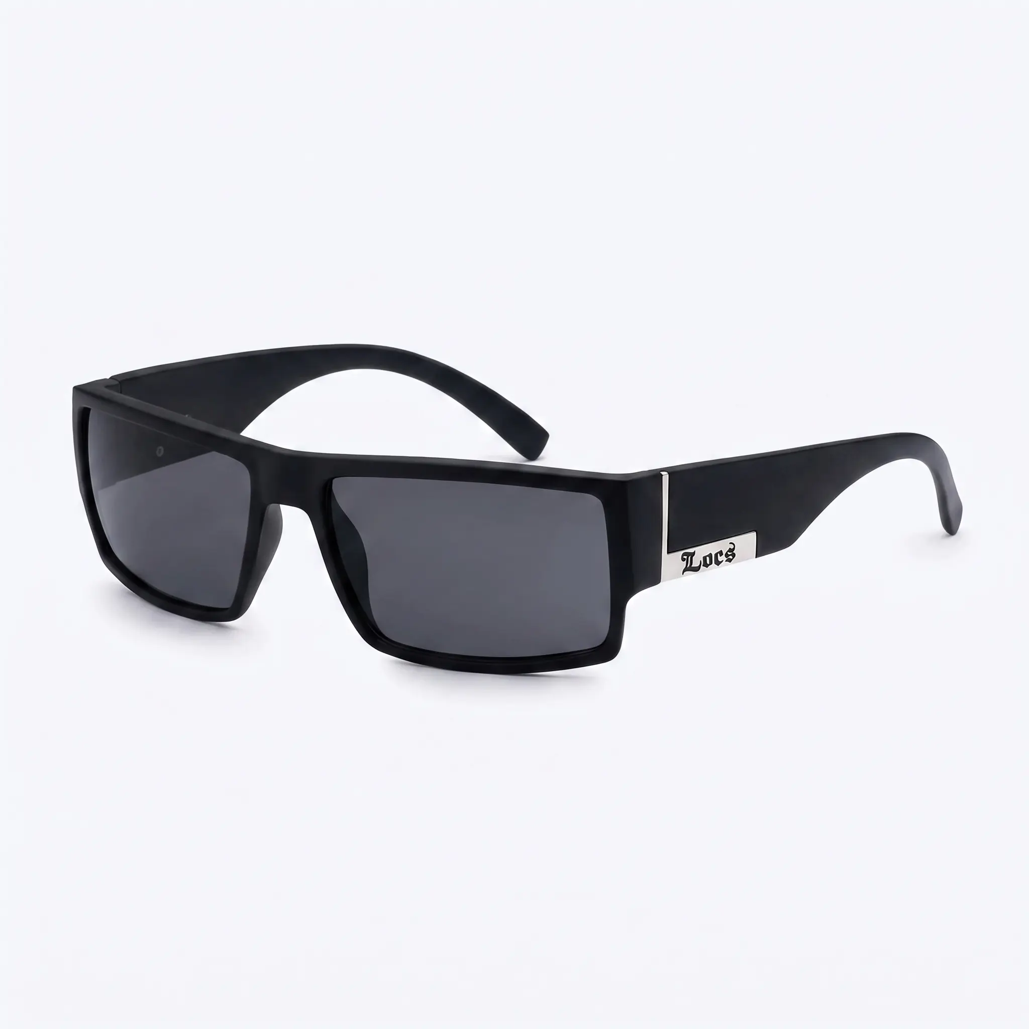 LOCS Sunglasses — Rectangular Frame Shades | Matte Black, Smoke Lens, Silver Logo, UV400