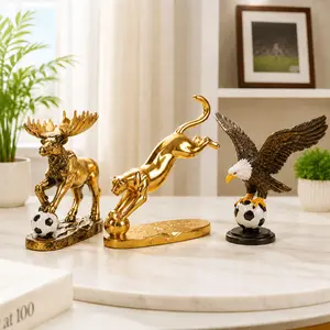 Golden Resin Animal Soccer Statue, Reindeer Leopard Eagle Figurine, Home Office Shelf Decor, Sports Lover Gift