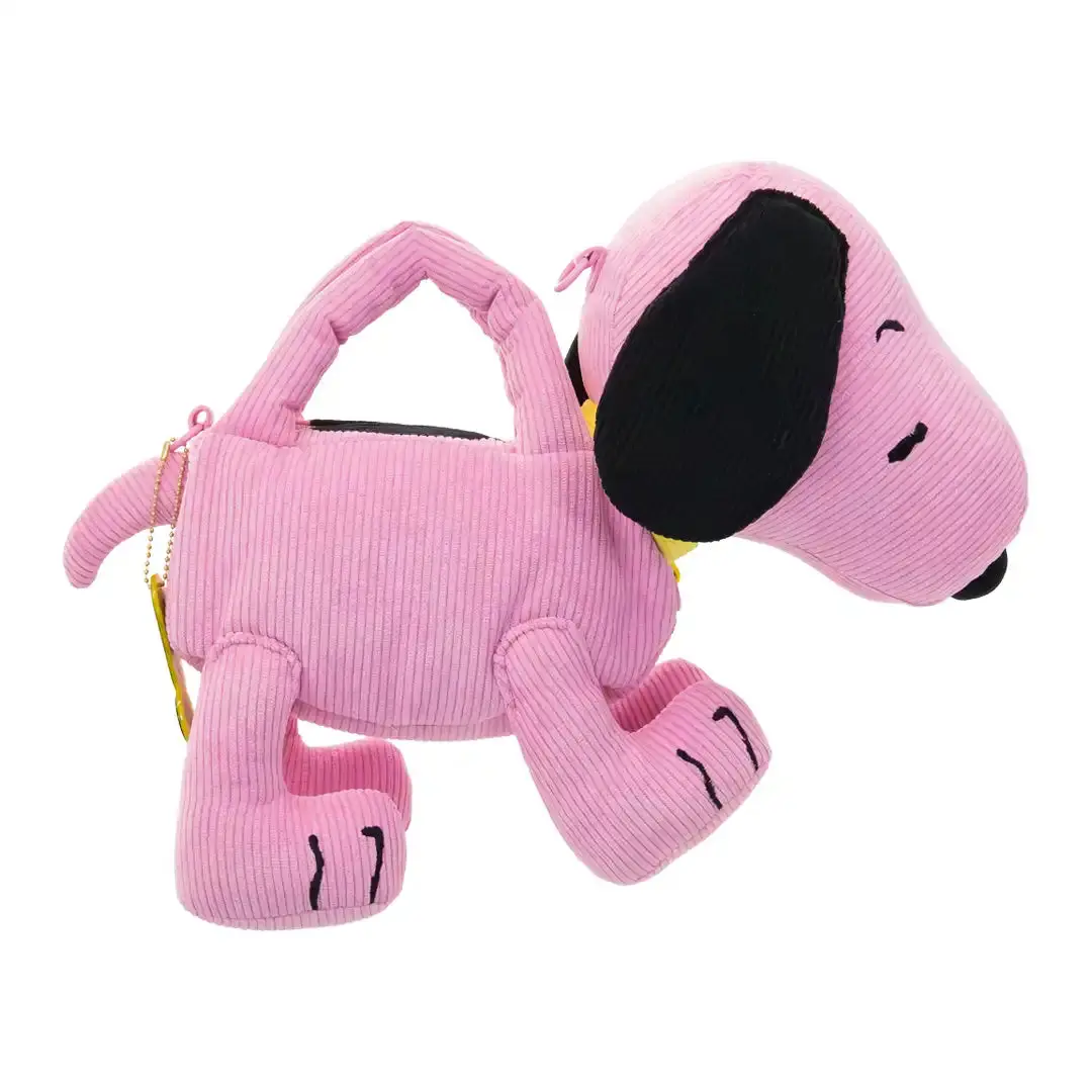 Snoopy Figural Crossbody Bag in Oversized Pink Corduroy for Everyday Wear with Embroidery and Acrylic Charm, Bags For Everyday, Adjustable, Metal Hardware, Casual