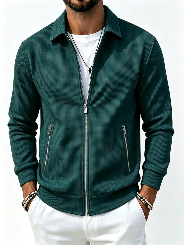 Men's Textured Zip Up Jacket, Long Sleeve Casual Lightweight Jacket with Stand Collar, Ribbed Cuffs and Zipper Pockets, Versatile Everyday Streetwear for Spring Fall