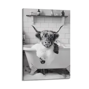 Black And White Cute Highland Cow Artistic Decoration Trendy Wall Decor, Cute And Vibrant Art Print for Bedroom, Dorm, Gaming Setup, VSCO And Aesthetic Room Makeover