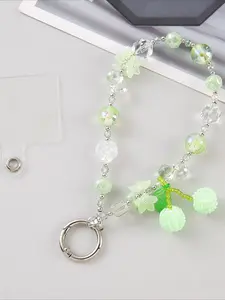 1 piece: Short pearl phone lanyard with fresh, delicate crystal beads and cherry charms; outdoor anti-loss keychain accessory; sweet and charming