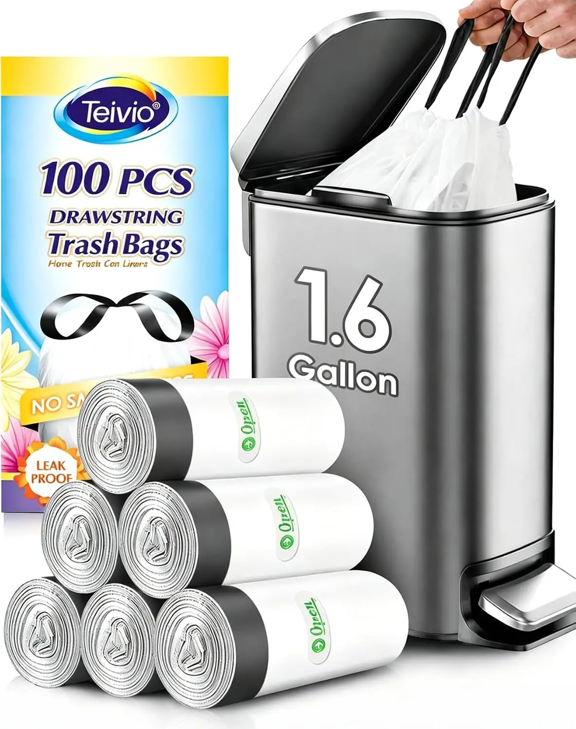 1.6 Gallon 100 Counts Small Drawstring Trash Bags by  Fit1.2,1.3,1.5 Gallon Bathroom Trash Can Bin Liners, 5-6 Liter Small Plastic Garbage Bags for home office kitchen, White
