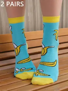 Women's Novelty Banana Pattern Mid-Calf Socks, Comfortable Breathable Casual Street Style, All Seasons, Holiday & Sports Wear, Sock Set