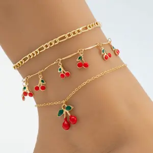 Versatile Cherry Anklet for Summer Beach, Red Beaded Anklet with Rhinestones, Three-Piece Set