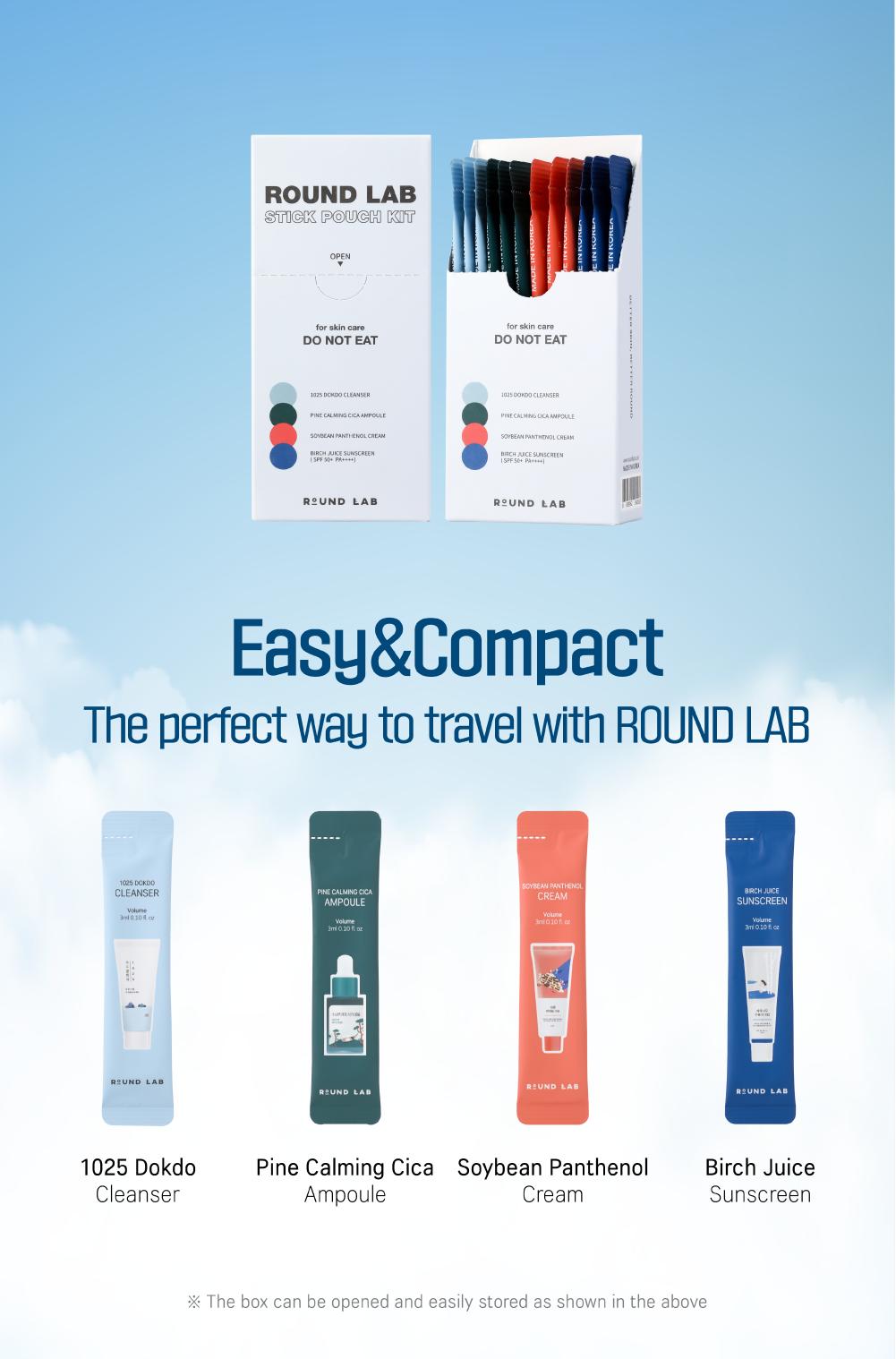 ROUND LAD Stick Pouch Kit – Gentle K-Beauty Skincare to Go |Travel-friendly | Comfort (1025 Dokdo Cleanser 3ml*3ea, Pine Calming Cica Ampoule 3ml*3ea, Soybean Panthenol Cream 3ml*3ea, Birch Juice Moisturizing Sunscreen 3ml*3ea)