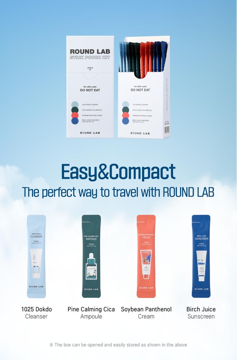 ROUND LAD Stick Pouch Kit – Gentle K-Beauty Skincare to Go |Travel-friendly | Comfort (1025 Dokdo Cleanser 3ml*3ea, Pine Calming Cica Ampoule 3ml*3ea, Soybean Panthenol Cream 3ml*3ea, Birch Juice Moisturizing Sunscreen 3ml*3ea)