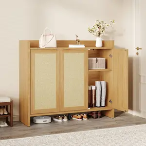 Dark Oak Rattan Shoe Storage Cabinet, Wooden Shoe Rack Organizer Cabinet with 3 Doors and Adjustable Shelves for Entryway Living Room Hallway