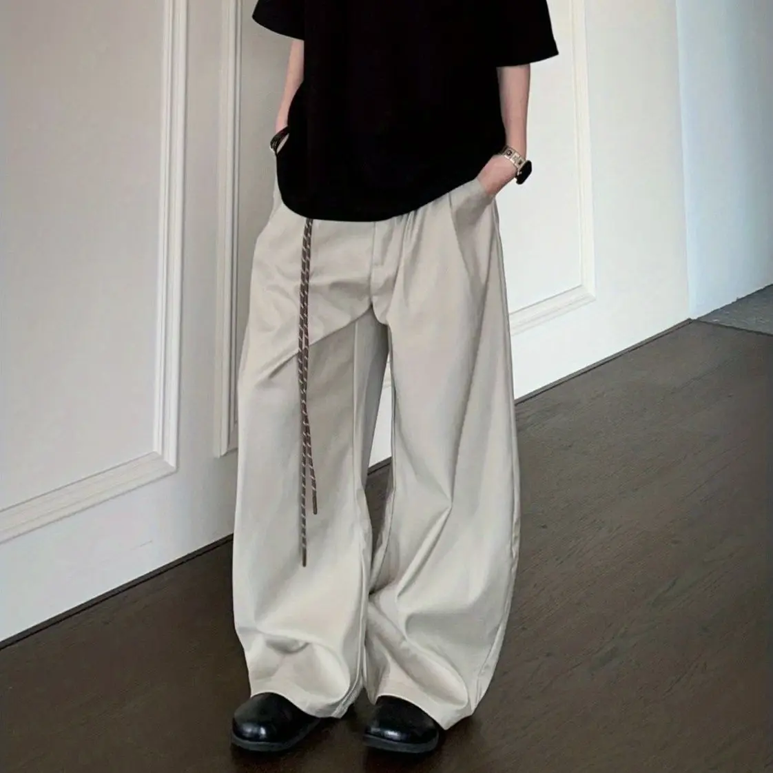 Y2K Korean Japanese Streetwear Baggy Wide-Leg Pants Decorative drawcord. (Khaki, Black)